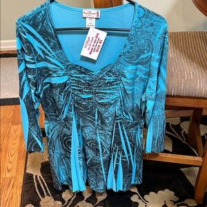 FunFash Women's Teal and Black Ruched Blouse